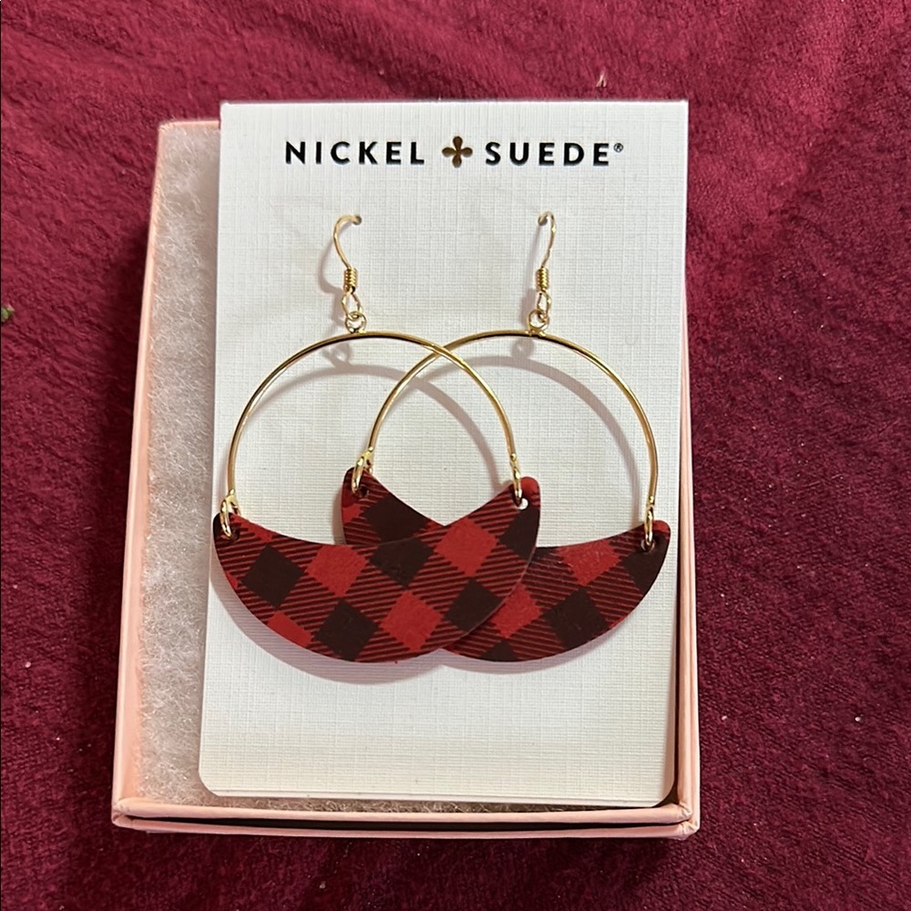 Nickel & Suede Red Plaid Earrings